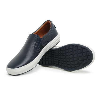 Sapato Casual Masculino Slip On em Couro Marinho